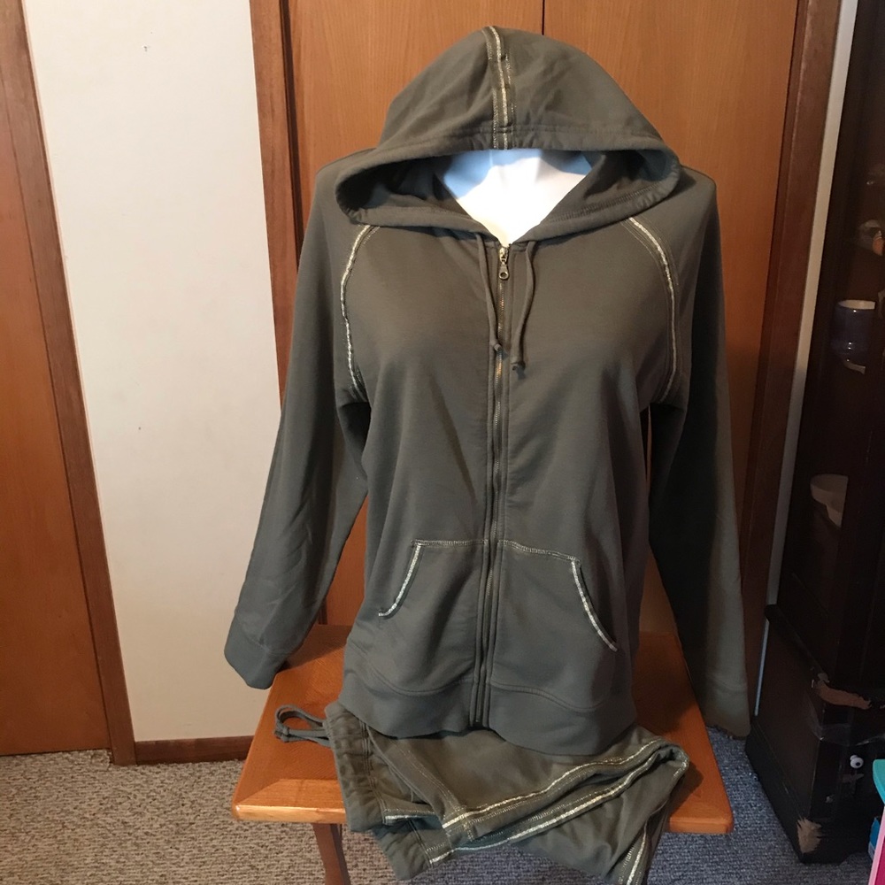 2 pc hooded olive colored jogging suit